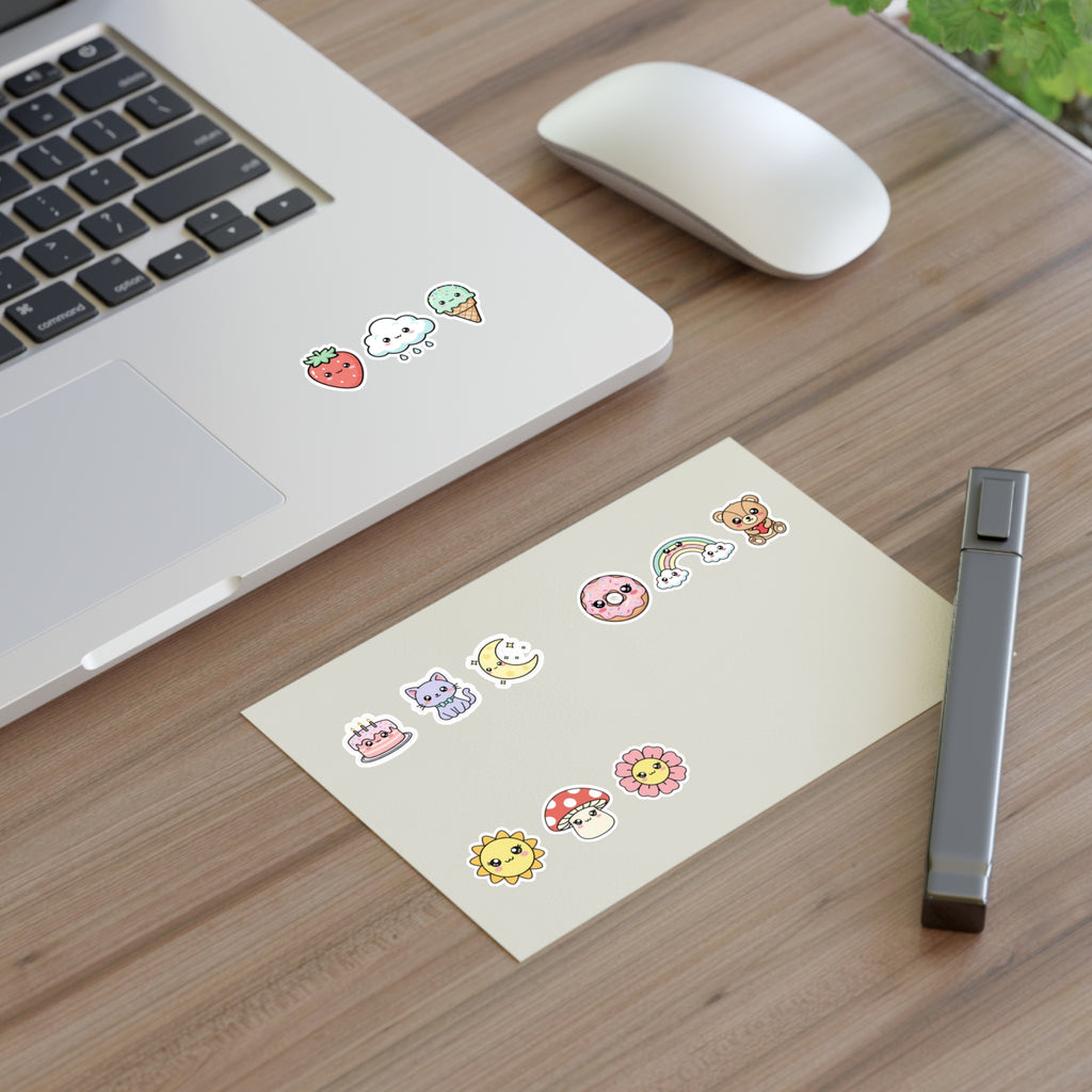 Cute Mini Sticker Sheets: Cute Cat, Donut, Strawberry & Rainbow Icons