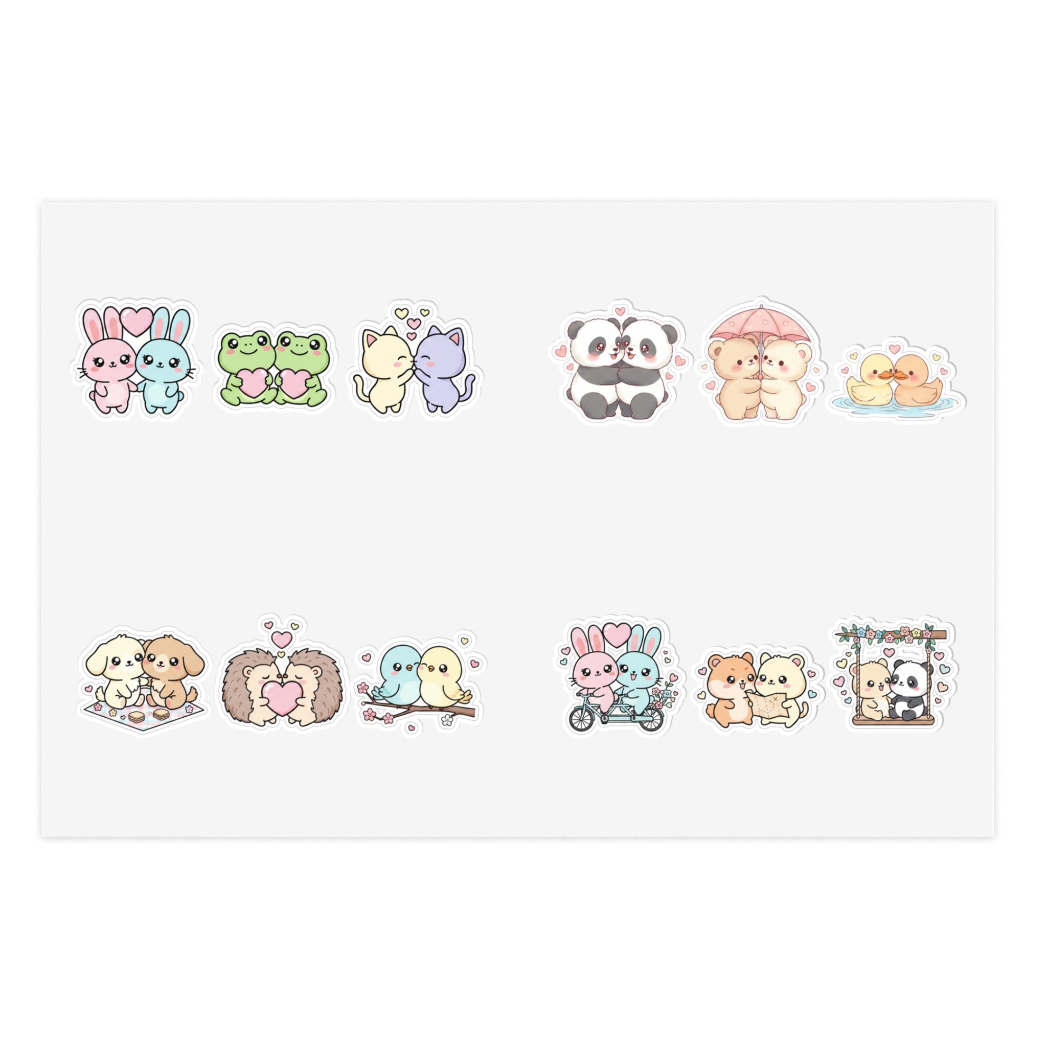 Cute Kawaii Couples Sticker Sheet  Pastel Bunny, Frog, Panda & Friends