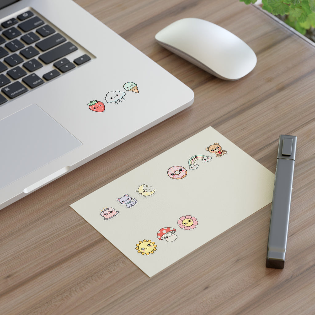 Cute Mini Sticker Sheets: Cute Cat, Donut, Strawberry & Rainbow Icons