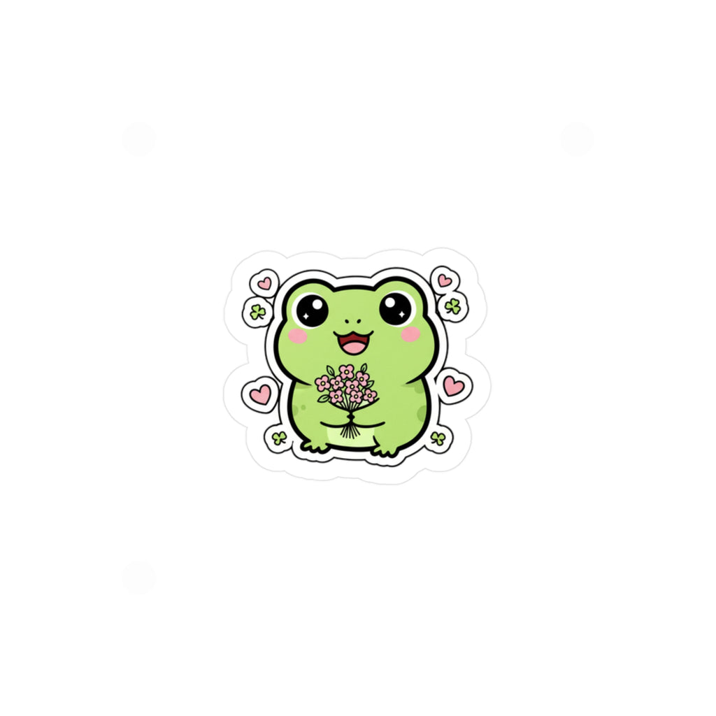 Frog with Bouquet Sticker | Cute Green Frog Holding Flowers, Heart Accents