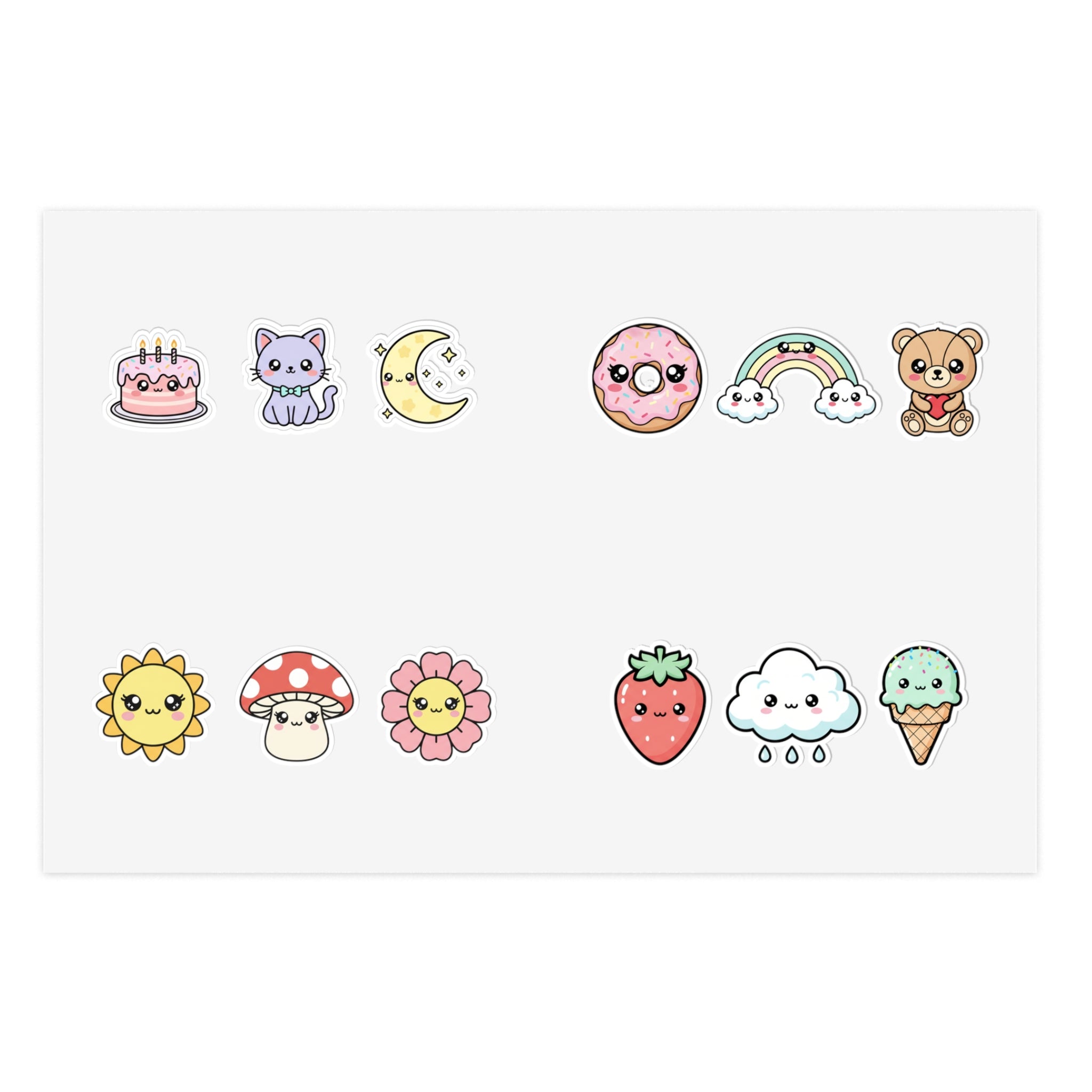 Cute Mini Sticker Sheets: Cute Cat, Donut, Strawberry & Rainbow Icons