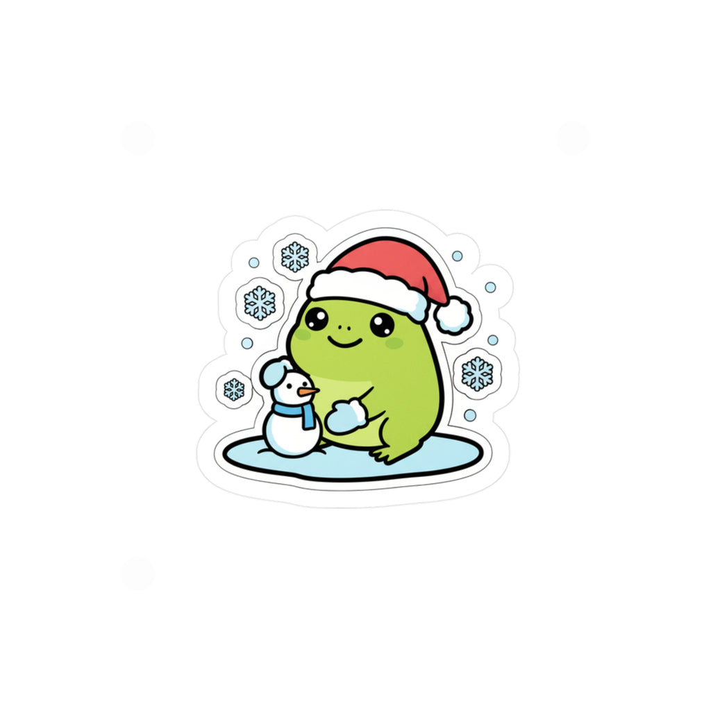 Holiday Frog Sticker | Cute Frog with Santa Hat & Snowman