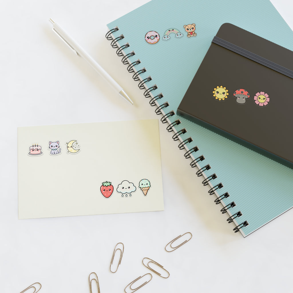 Cute Mini Sticker Sheets: Cute Cat, Donut, Strawberry & Rainbow Icons