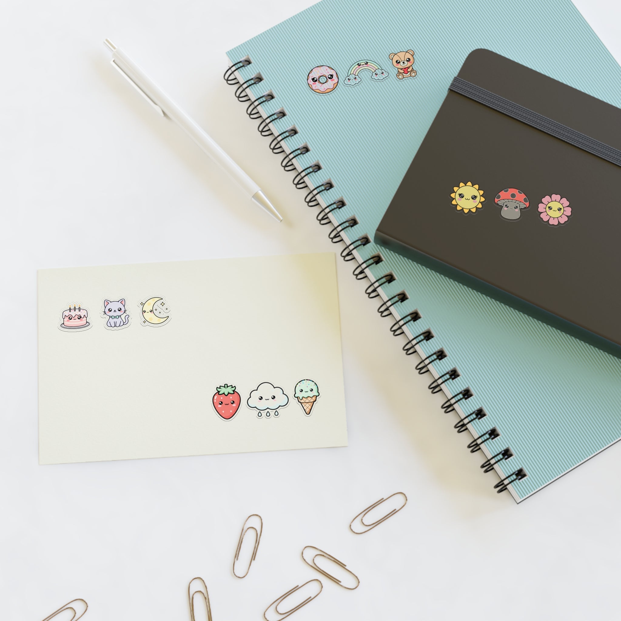 Cute Mini Sticker Sheets: Cute Cat, Donut, Strawberry & Rainbow Icons