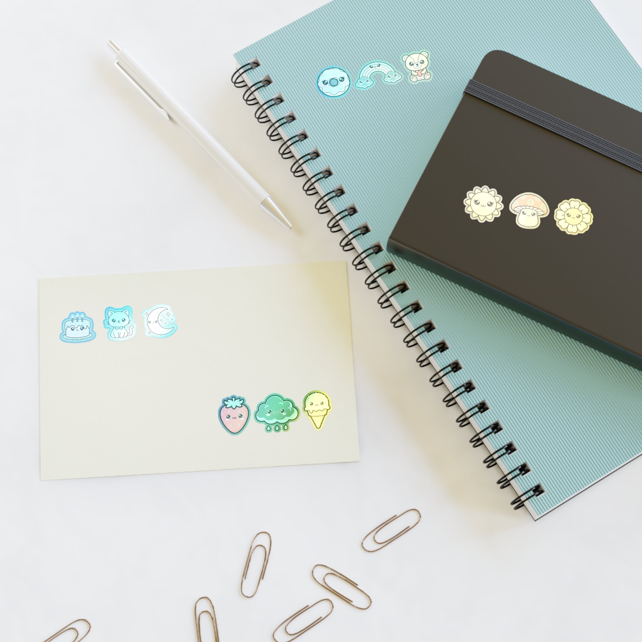 Cute Mini Sticker Sheets: Cute Cat, Donut, Strawberry & Rainbow Icons